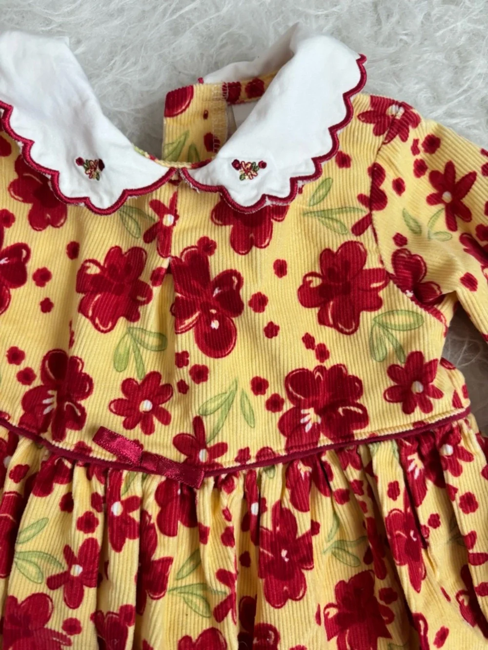 Little Me Vintage Style Yellow Corduroy Baby Girl Dress with Red Floral AOP